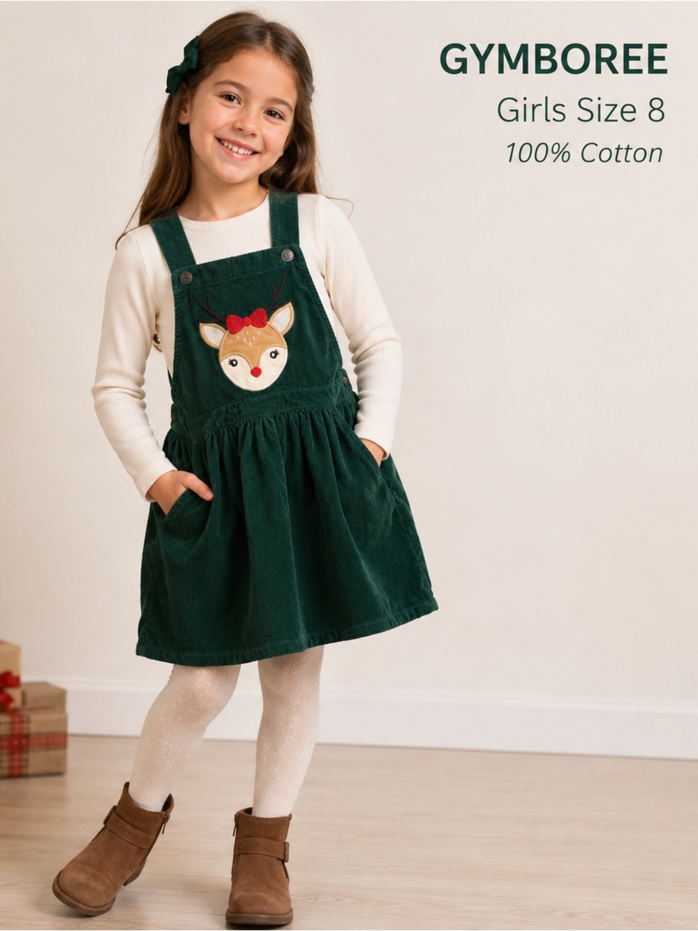 Gymboree Girls Green Corduroy Reindeer Jumper Dress Size 8 Christmas Holiday